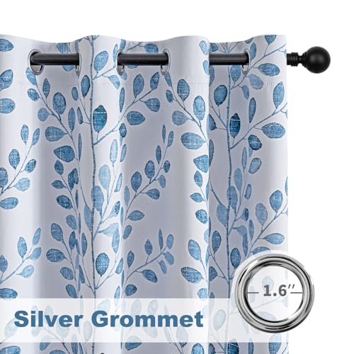 Image of MYSKY HOME Blue Leaf Curtains 95 Inch Length for Bedroom Grommet 2 Panels