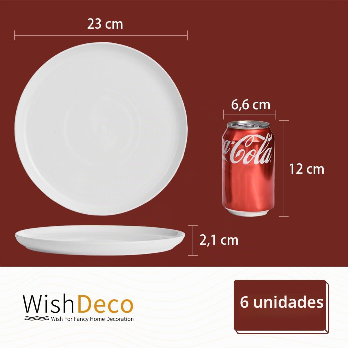 WishDeco Juego de 6 plato blancos de 23 cm de diámetro, platillos de porcelana, platos blancos con borde elevado, platos para servir ensalada, pasta, pizza