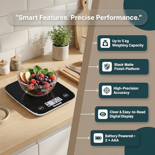 Image of Themisto TH-WS18 Digital Kitchen Weighing Scale With Touch Screen Controls | For Cooking, Baking, Health & Fitness | Max Capacity 5kg | Black Matte Finish | Tare Function | 6 Months Warranty