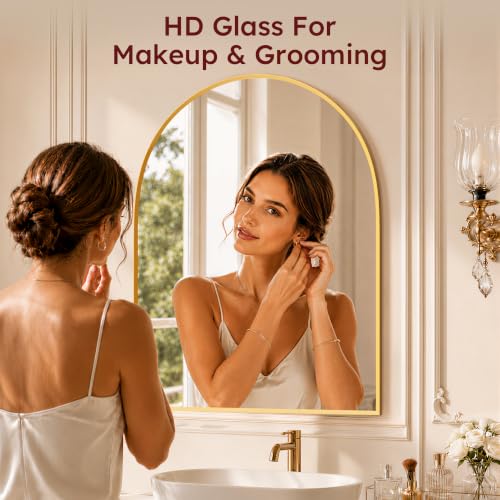 Image of 30 inchx38 inch Arched Black Bathroom Mirror - Metal Framed with HD Shatter-Proof Glass, Wall-Mounted for Over Sink, Entryway, Living Room, Bedroom