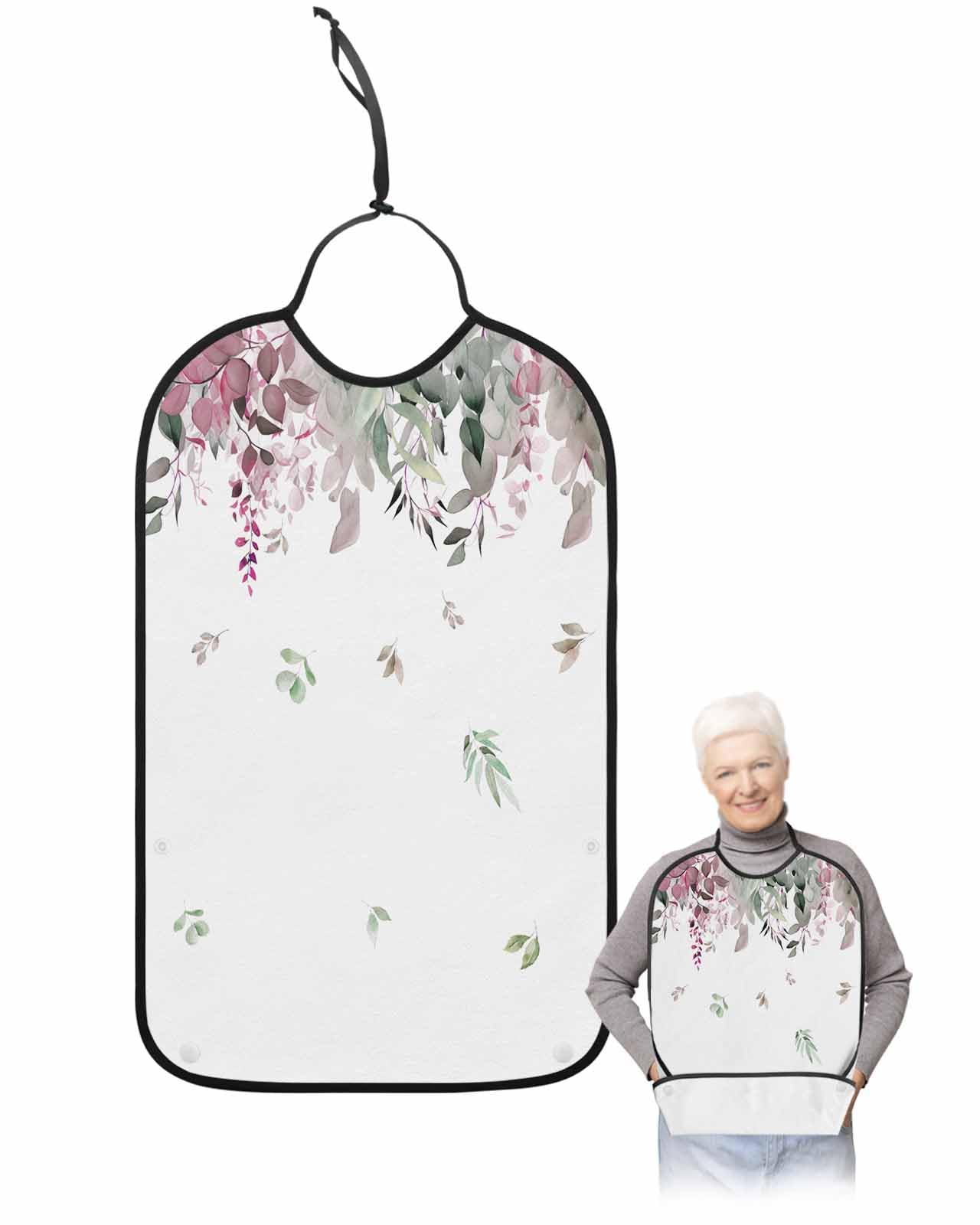 LEOKOTI Vintage Red Green Adult Bibs for Eating, Waterproof Bibs with Food Catcher & Snap Closure, Spring Botanical Summer Eucalyptus Leaves Washable Clothing Protectors Adult Bibs for Elderly