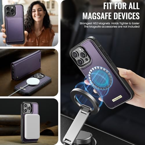 Image of Wallet Case for iPhone 13 Pro Max Compatible with Magsafe, 2-in-1 PU Leather Flip RFID Blocking Card Holder Stand Shockproof Magnetic Detachable Cover for iPhone 13 Pro Max, Fashion Purple