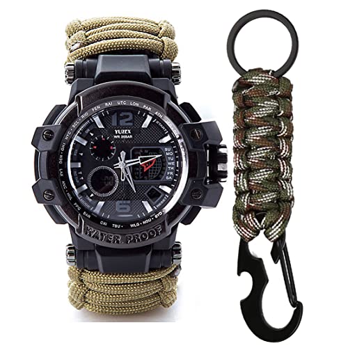 WLDOCA Outdoor Tactical Paracord Watch Multifonction 50M Montre de Survie étanche avec Mousqueton Boussole Thermomètre pour Hommes et Femmes,F