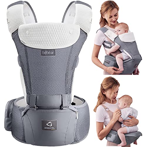 Bebamour Porte bébé Ergonomique avec Siège à Hanche/Pur Coton Léger et Respirant/Multiposition, Baby Carrier for 0-36Months (3D Air Mesh Grey) Cover