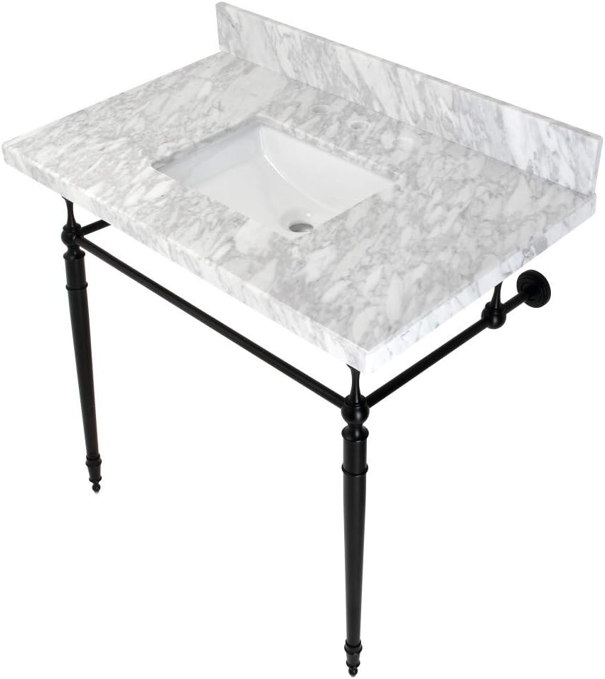 Kingston Brass KVPB3622M8SQ0 Edwardian 36" Console Sink with Brass Legs (8-Inch, 3 Hole), Marble White/Matte Black