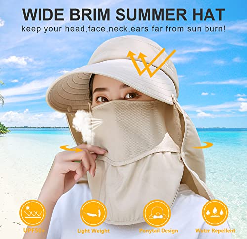 Image of Women Wide Brim Face Mask Sun Hat Detachable Neck Face Flap Ponytail UV Protection Visor Hat Garden Fishing Hiking