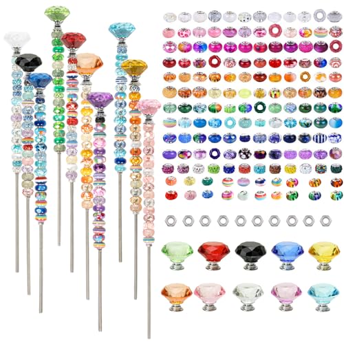 Estacas decorativas de jardín con cuentas para jardín, 10 tapones de cristal, 160 cuentas redondas, 10 varillas roscadas con tuercas hexagonales (10, estaca-01)