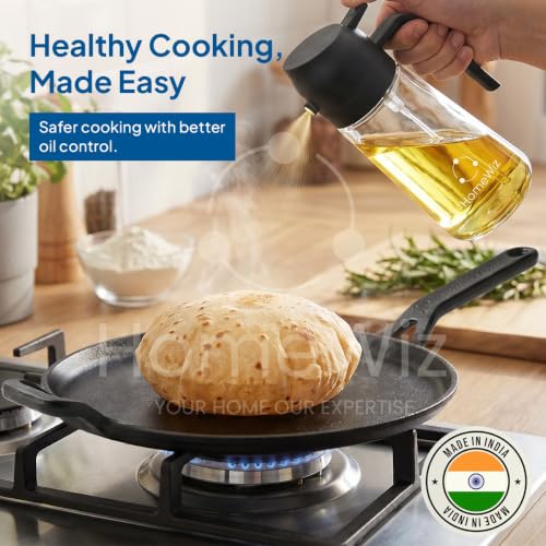 Image of HomeWiz Cast Iron Roti Tawa 28 cm | Free Oil Dispenser 500ml | Pre-Seasoned Iron Tawa with Long Handle for Roti, Chapati, Chillas & Paratha | Naturally Non-Stick | Induction & Gas Compatible