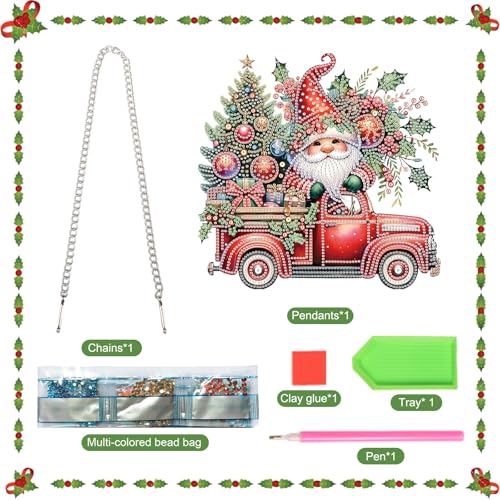 Image of 5D DIY Christmas Diamond Art Pendant Kit, Gnome, Christmas Tree & Car Design, Diamond Painting Hanging Ornament for Adults, Crystal Window & Door Decor, Holiday Gift Wall Home Decoration (24.1x23.4cm)