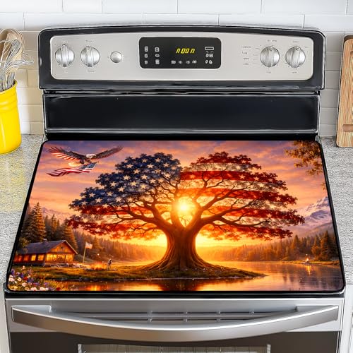 Image of Stove Top Covers for Electric Stove, Glass Stove Top Cover 28.5x20.5 in | Heat Resistant, Non-slip, Use on Electric or Ceramic Stove Protector, Dish Drying Mat, Tree of Life Kitchen Decor