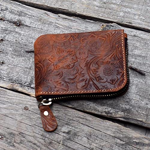 JJNUSA Genuine Leather Zipper Coin Purse Wallet With Key Car Smart Holder, Change Purse, Coin Pouch Holder For Men (Flower brown)4