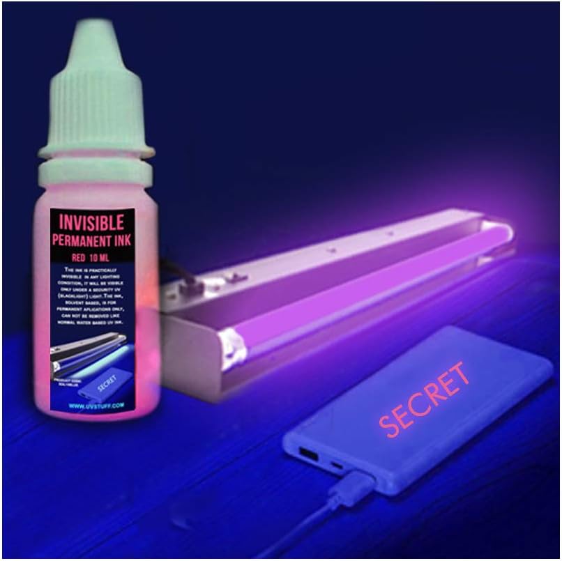 ProCart Invisible Permanent UV Ink, Fluorescent Ink, Visible at Black Light, 0.33 oz(10 ml), for Any Surface, Permanent neon Ink, Solvent Based for Security, Identification, Secret inscriptions (Red)