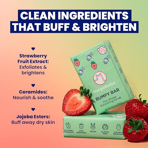 Image of Megababe Bumpy Bar | Pre-Shave Exfoliating Scrub | with Shea Butter, Strawberry Fruit Extract & Ceramides | 4.5 oz