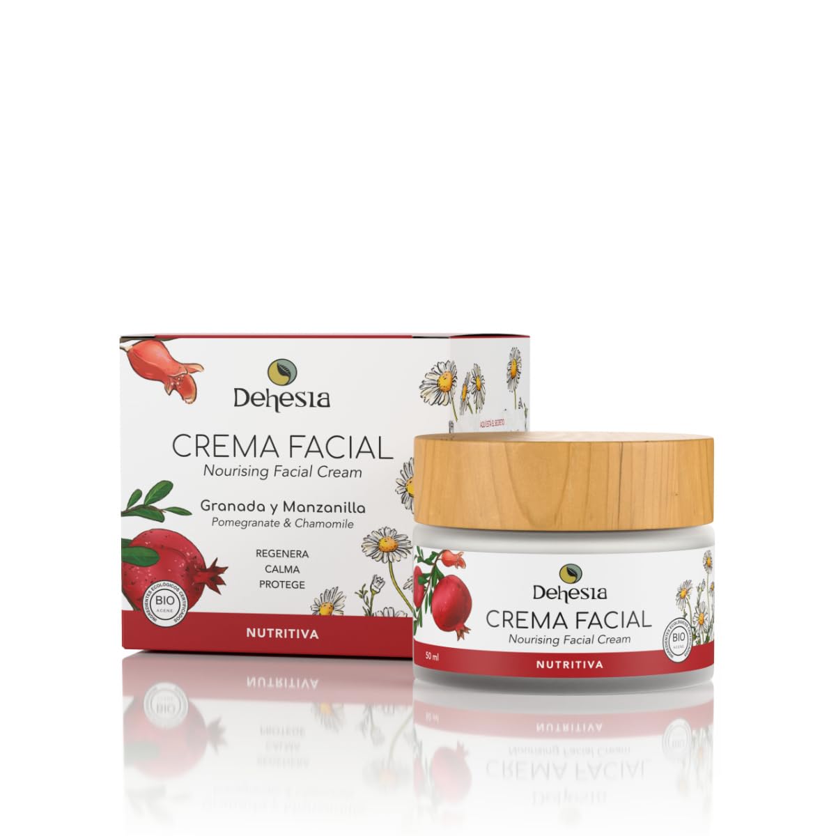 Crema facial nutritiva BIO de noche para pieles secas y mixtas | 100% natural. Con aceite de granada, almendras y manzanilla | Hidrata, nutre y aporta antioxidantes naturales | Dehesia