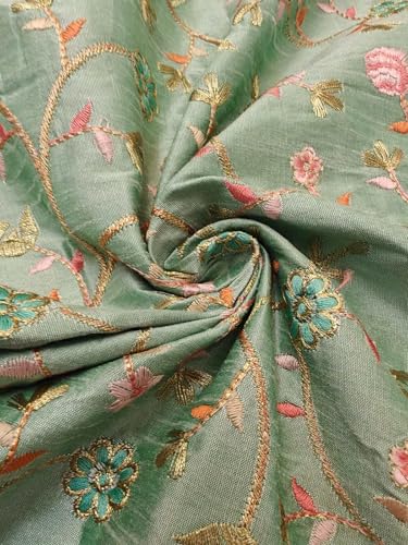 Tissu brocart de soie pastel vert de mer brodé or 44 pouces largeur BRO793