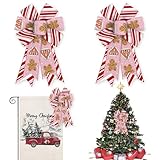 Glodecart 2PCS Christmas Bow for Wreath, Gingerbread Man House Red Stripes Wreath Bow for Christmas Décor Winter Bow for Front Door Indoor Outdoor Wall Tree Topper Decoration Supplies Hanging Ornament
