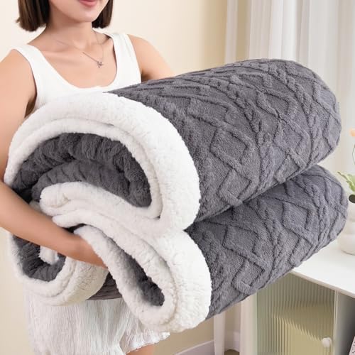 Full Size Reversible Sherpa Fleece Soft Blanket for Bed Dark Gray 80x90