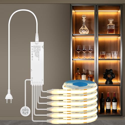 AXFEE Ruban LED COB 1M, 6-en-1 Bande LED COB Dimmable avec Interrupteur Tactile et Variateur Manuel, Découpable, ruban led blanc chaud, pour Panneau Acoustique, Vitrine, Armoires, Cuisine Éclairage