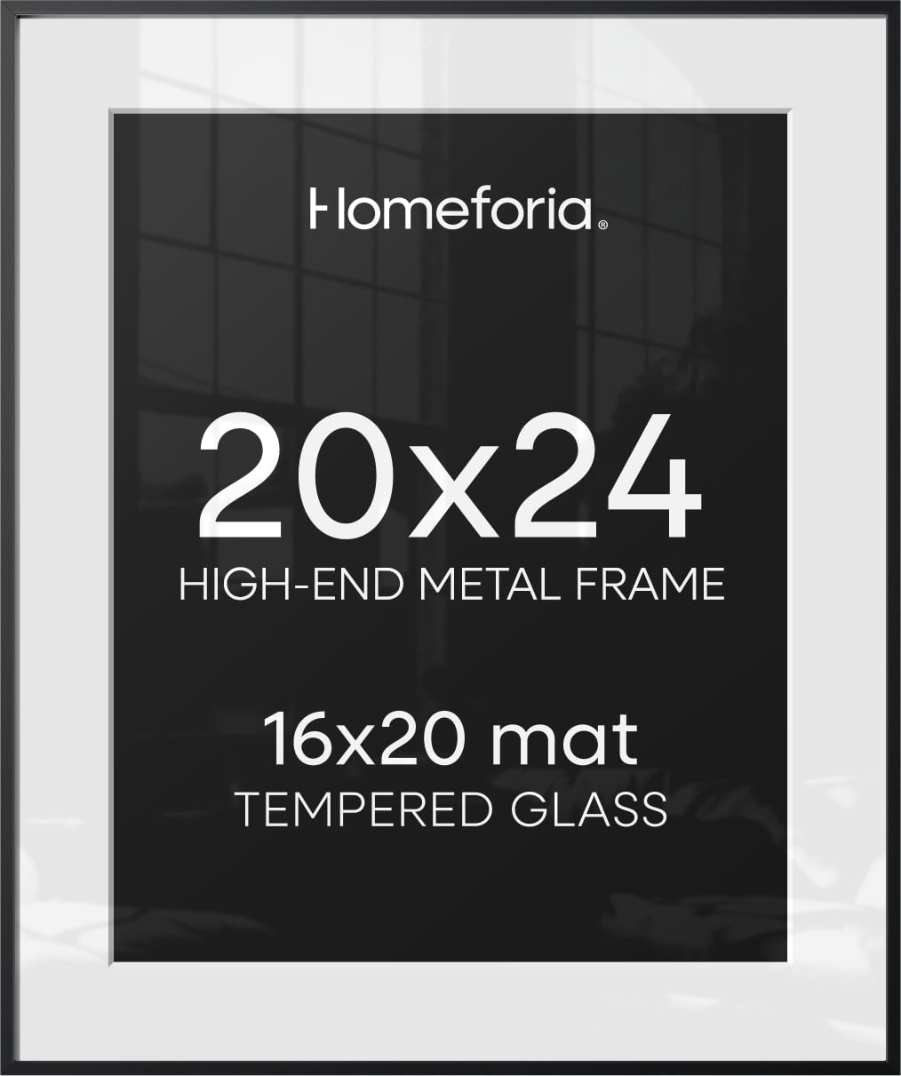 Homeforia 20x24 Black Picture Frame, High-End Metal, 16x20 Mat, Glass
