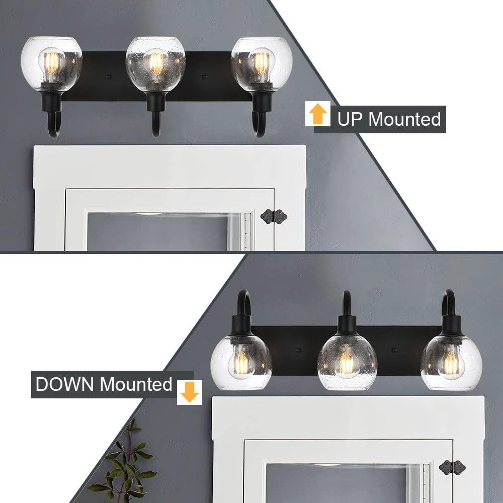 3-Lights Vanity Lights Globe Glass Rustic Bathroom Light Fixtures for Over Mirror Kitchen with Seeded Lampshades