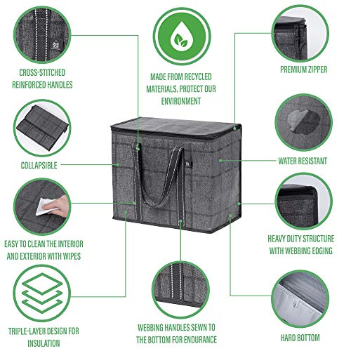 Veno 2 Pack Large Insulated Reusable Grocery Bag W/Cardboard Bottom, Food Delivery, Heavy Duty, Collapsible (Blk Windowpane) #TOP4