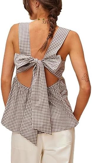 Women Gingham Babydoll Tank Top Cute Sleeveless Backless Wide Straps Peplum Shirt Y2K Square Neck Bowtie Cami Top