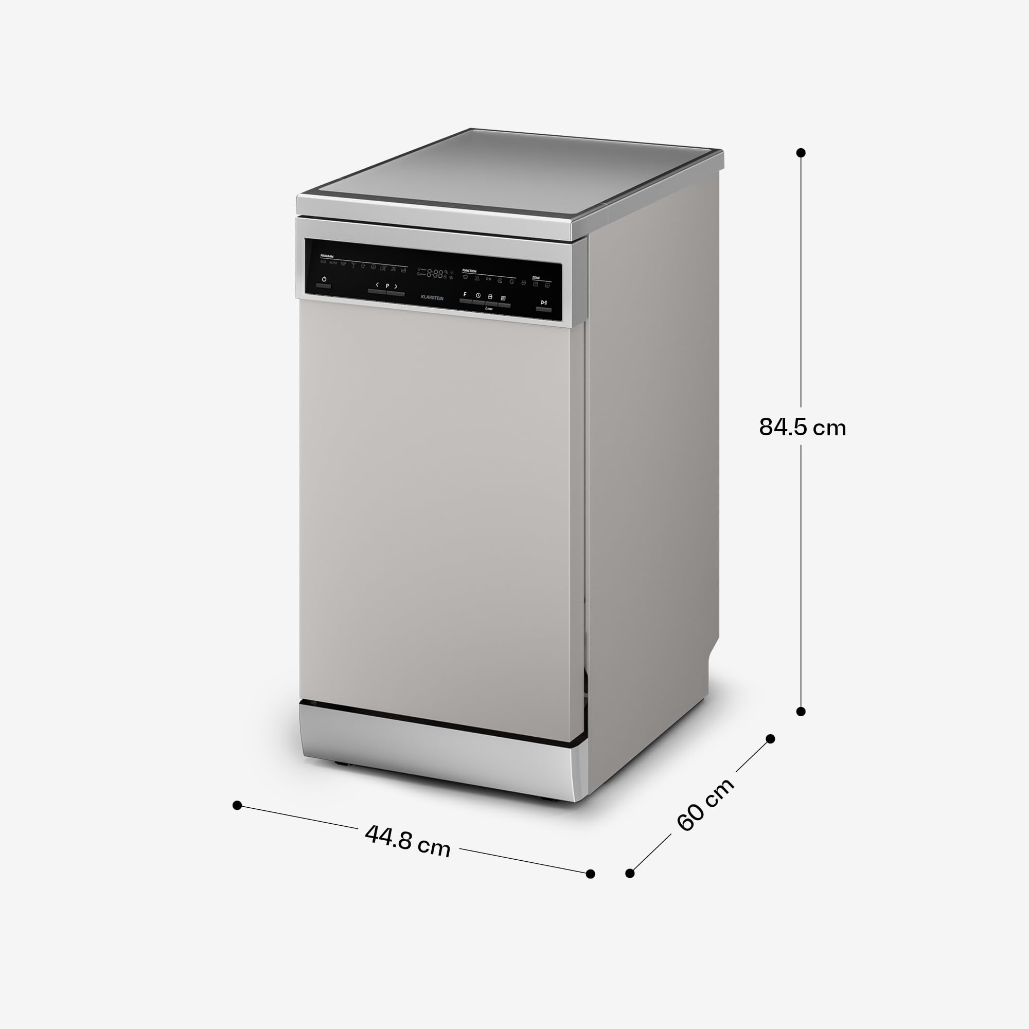 Klarstein Verosteel Lavastoviglie 45cm Libera Installazione - 10 Coperti, 9 Programmi, 42 dB, Classe B, AquaStop, Blocco Bambini, Argento, Display, Lavastoviglie Compatta