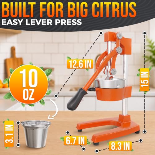 Image of Cast Iron Juicer Hand Press, Heavy-Duty Squeezer (Orange) | Lever Manual Citrus Press Juicer & Orange Squeezer for Lemon, Lime & Lemonade; Steel Cone & Strainer; for Home or Bar