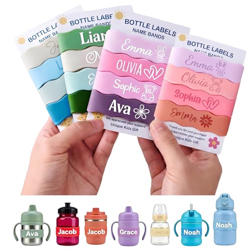 4 Piece Personalized Water Bottle Labels Custom Name Labels for Daycare Reusable Water Bottle Bands for Kids Baby Bottles & Tumblers