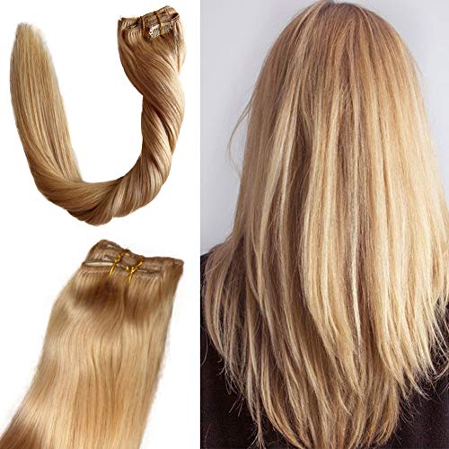 #24 Human Hair Extensions 16inch Clip in Extensions Silky Straight Clip on Full Head Long Hair Summer Hairstyles for Women for Halloween/Carnival/Party 7pcs 120g Natural Blonde(16"18"20"22")