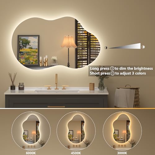 Image of 20x36 Inch Irregular Backlit Led Lighted Vanity Mirror | Asymmetrical Bathroom Mirror with Light, Cloud Shape, Fogless, Dimmable, Memory, 3 Colors, Shatterproof (Horizontal /Vertical)