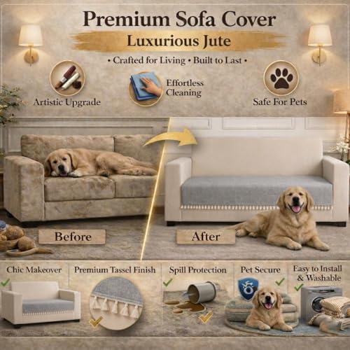 Image of STITCHNEST Jute Sofa Cover - Grey, 24x30 Inch | Soft Textured Fabric with Tassel| Sofa for Living Room Decor