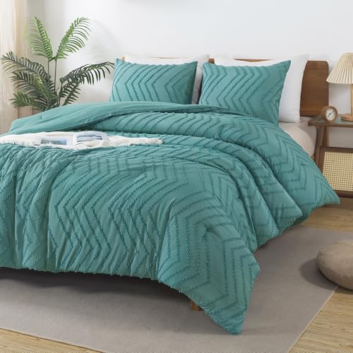 Image of Andency Grayish Teal Comforter Set Full Size, Boho Soft Warm Bedding Comforter Sets for Full Bed, 3 Pieces Vintage Chevron Tufted Aesthetic Comforter Set