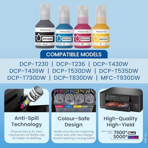 Image of KOSH BTD100 Refill Ink Compatible with Brother DCP-T236,DCP-T230, DCP-T436W, DCP-T430W, DCP-T535DW, DCP-T530DW, DCP-T730DW, DCP-T830DW, MFC-T930DW Printers