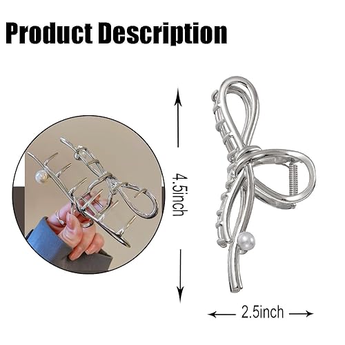 Miniatura 2 de Pinzas grandes plateadas para el cabello, pinzas de metal para el cabello con diseño de perlas blancas, antideslizantes, estilo de moda, accesorios