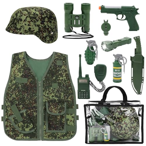 deAO Disfarce de soldado em combate, conjunto de uniforme militar com colete de camuflagem, capacete, telescópio, pistola de acessórios de brinquedos militares, jogo infantil de imitação de 3 a 10