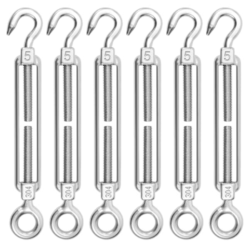 Spannschloss Seilspanner 6 Stück M5 Edelstahl Verstellbare Haken und Öse Stahlseil Drahtseil Wantenspanner für Sonnensegel, Seil, Gartendraht, oder Wäscheleine zu spannen Heavy Duty