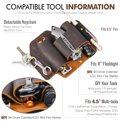FLYHOMES Heavy Duty Genuine Leather Tool Holster, Handmade EDC Belt Pouch with Belt Loop, Fits Multitools, Flashlights, Knives & Pens, Waist Holder for Mechanics, Camping & Daily Carry (Dark Brown) by FI FLYHOMES - Image 2