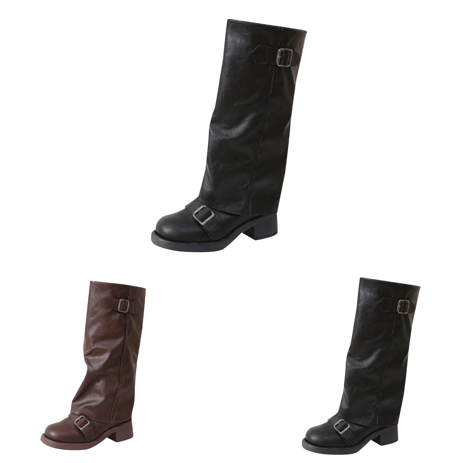 Generico Stivali Donna con Tacco Invernali Autunnali Texani Cowboy Stivaletti Alti Stivali al Ginocchio Stivaletti Punta Stivaletto Wide Fit con Plateau Blocco scarpe Gamba Larga in Pelle