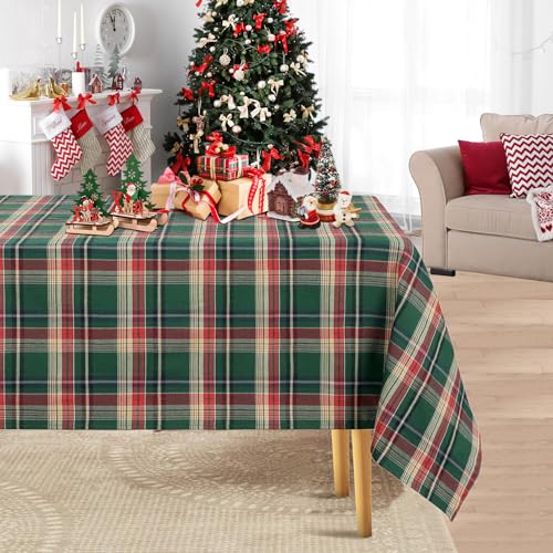 Mantel de Navidad de 57 x 84 pulgadas, Detalles Navideños, Tela Escocesa Verde, para Decoración de Mesa de Navidad, Fiesta de Vacaciones