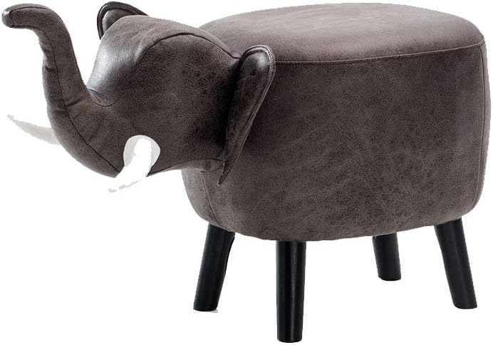 Solid Wood Animal Leather Stool Ottoman Creative & Cute Stool for Kids Toy Chest Chair for Children Solid Wood Footstool 4 Legs (Elephant)