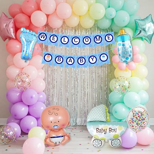 Image of 57 Pcs Welcome Baby Boy Decoration Kit | Balloons, Banner, Curtains, Foils, Stars, Hearts, Ribbon & Confetti for Baby Shower & Newborn Celebration Set 10