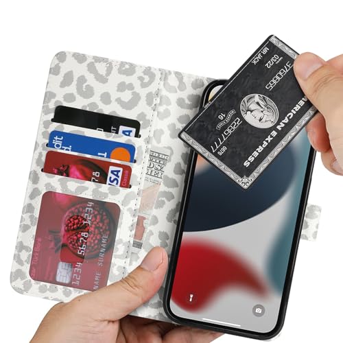 Image of for iPhone 13 Pro Case Wallet with Card Holder,for iPhone 13 Pro Wallet Case for Women Men,PU Leather Shockproof Magnetic Buckle Stand Flip Phone Case-White Leopard