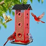 Shineforu Comedero de pájaros de metal para colgar al aire libre | 14 puertos para ver pájaros | A prueba de óxido, gallinas y más (cardenal