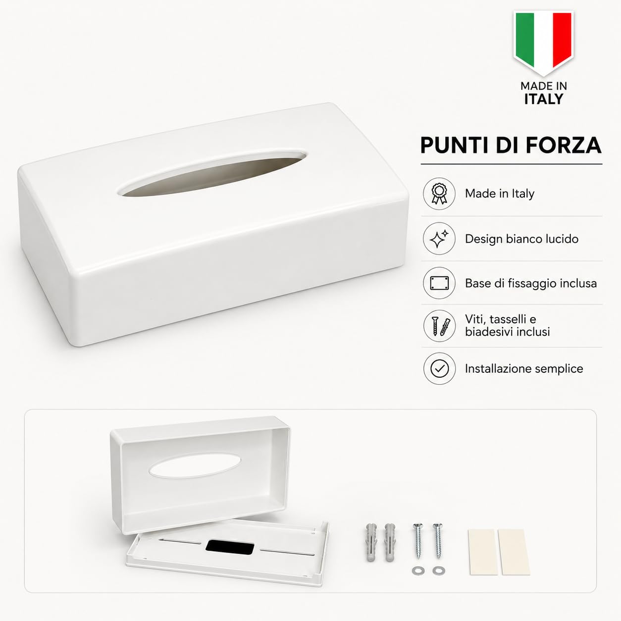 Scatola dispenser porta fazzoletti, MADE IN ITALY, in ABS riciclabile, 246x131x62mm, ideale per bagno, salotto, hotel e casa, completo di viti e biadesivo per fissaggio a parete (rettangolare bianca)