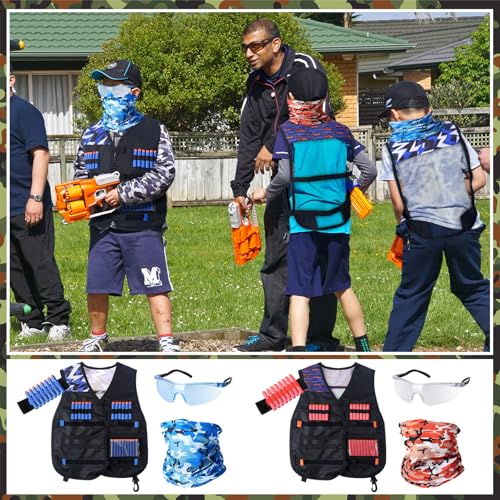 Image of Sosation 16 Sets Kids Tactical Vest Compatible with Nerf Party Favor Accessories, Face Mask Wrist Ammo Holder Toy Gift Supplies Boys (Orange and Blue)