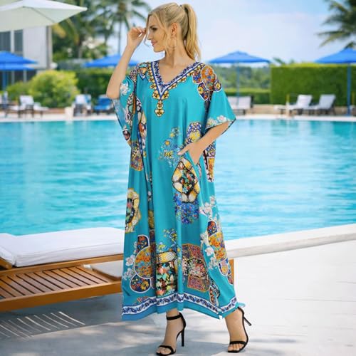 Image of Miss Lavish London Teal Kaftan Dresses for Women V Neck Batwing Sleeve Beach Vacation Bikini Swimsuit Cover Ups, Ethnic Print Plus Size African & Dubai Caftan Maxi Dress with Side-Teal-M
