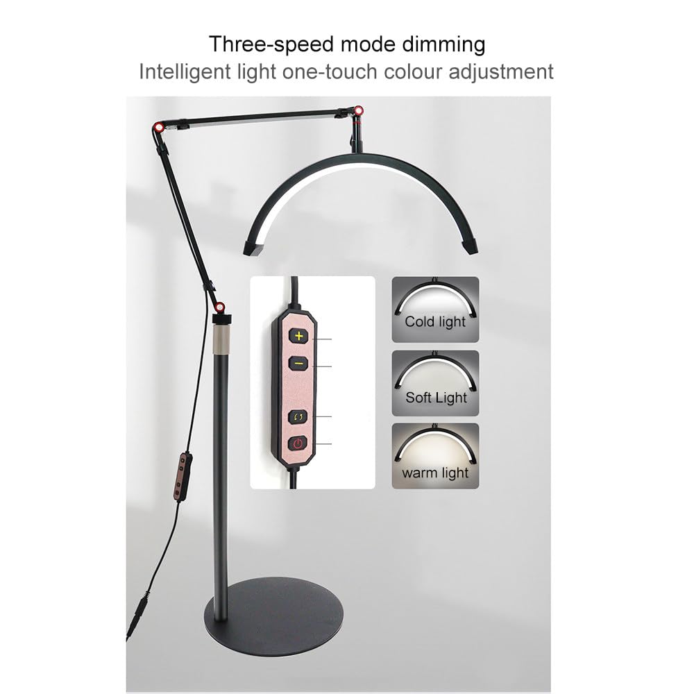 Podłogowa, wysuwana lampa kosmetyczna, przenośna lampa biurkowa Half Moon, lampa kosmetyczna dla tatuażystów, technika paznokci, lampa do rzęs z uchwytem na telefon,White