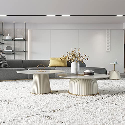 2 Stück Couchtisch-Kombination, modern, einfach, Wohnzimmer, Schlafzimmer, Wohnung, hoch und niedrig, rund, gesinterter Stein, Couchtisch, Beige – Bild 7