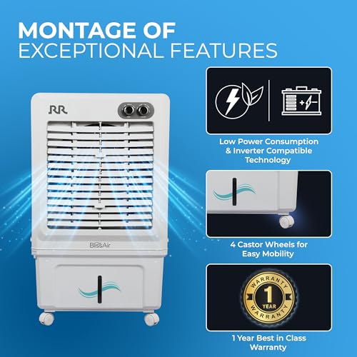 Image of RR BLISSAIR AIR COOLER 70 Ltr|Desert Air Cooler with High Air Delivery | Honeycomb Pads | 4-Way Air Deflection | Vertical Auto Swing | Castor Wheels | Inverter Compatibility |1 Year Warranty by RR